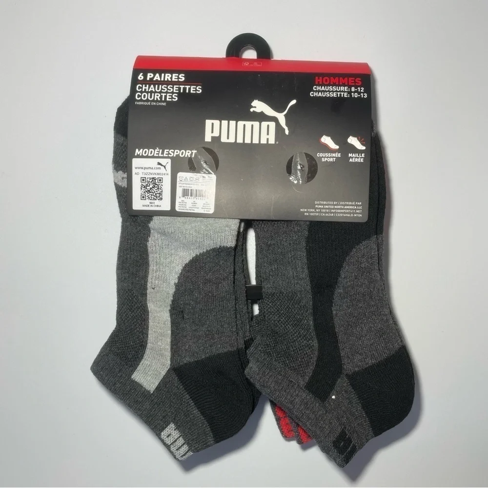 Puma men’s low cut socks 6 pack size 8-12 black gray red
